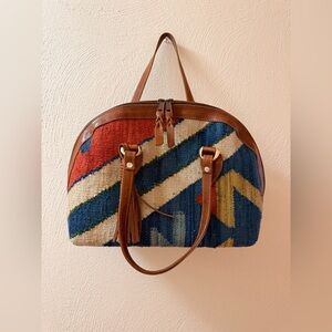 Turkish Tapestry Kilim Tote Vintage Satchel Leather Handmade One of a Kind